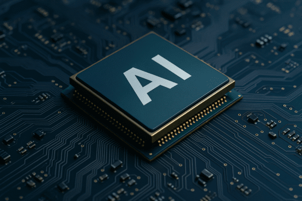 Close-up view of AI chip on a dark blue circuit board with electronic components