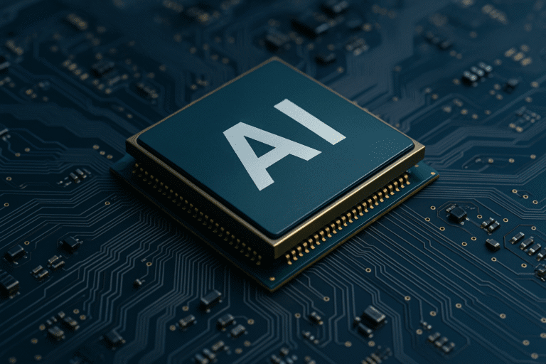 Close-up view of AI chip on a dark blue circuit board with electronic components