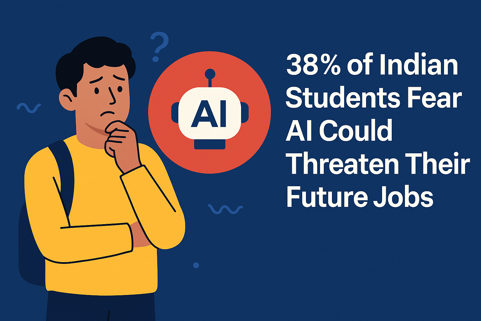 Worried Indian student thinking about AI's impact on future jobs with a robot icon and survey headline