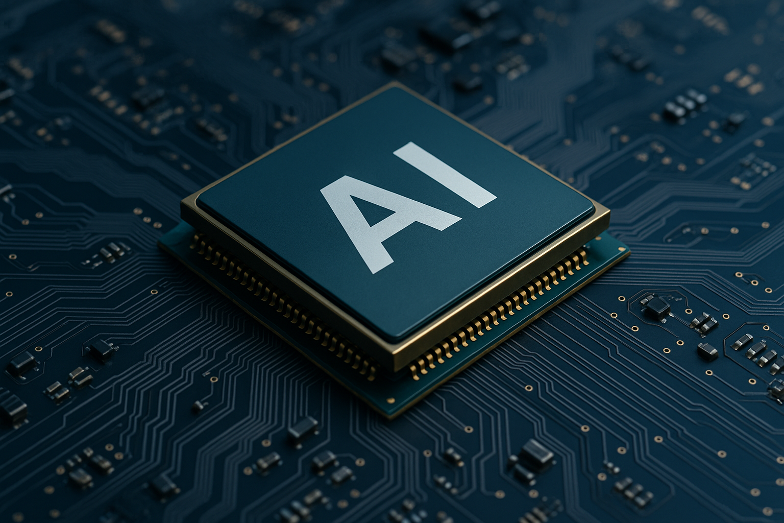 Close-up view of AI chip on a dark blue circuit board with electronic components