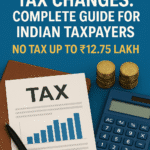 Budget 2025 tax changes complete guide India ₹12.75 lakh no tax – tax document, coins, and calculator on blue background