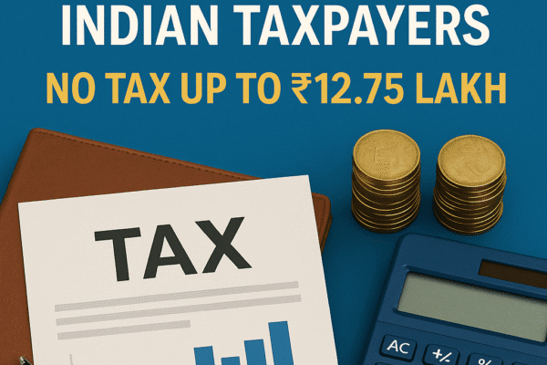 Budget 2025 tax changes complete guide India ₹12.75 lakh no tax – tax document, coins, and calculator on blue background