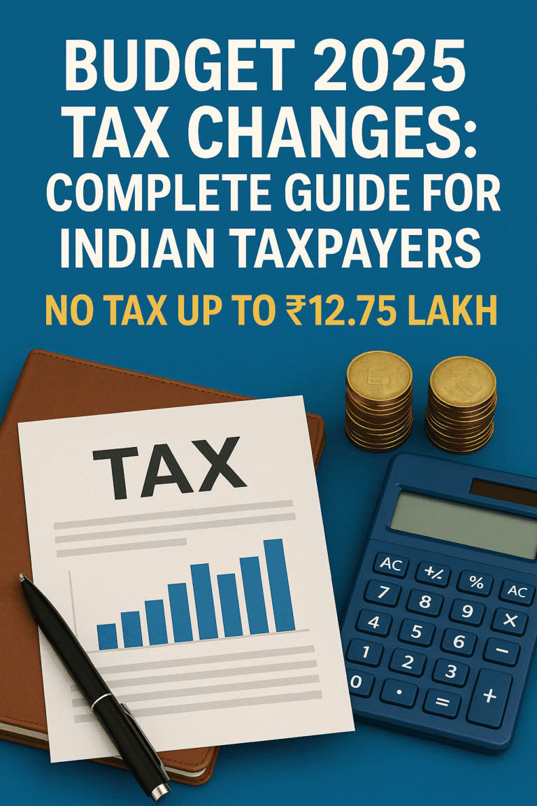 Budget 2025 tax changes complete guide India ₹12.75 lakh no tax – tax document, coins, and calculator on blue background