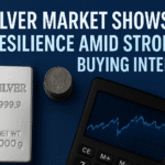 Silver bar, coins, and rising graph representing silver market resilience and strong buying interest