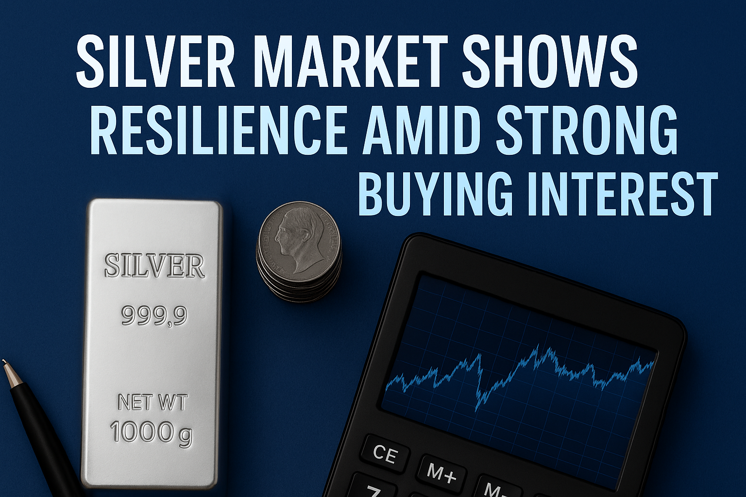Silver bar, coins, and rising graph representing silver market resilience and strong buying interest