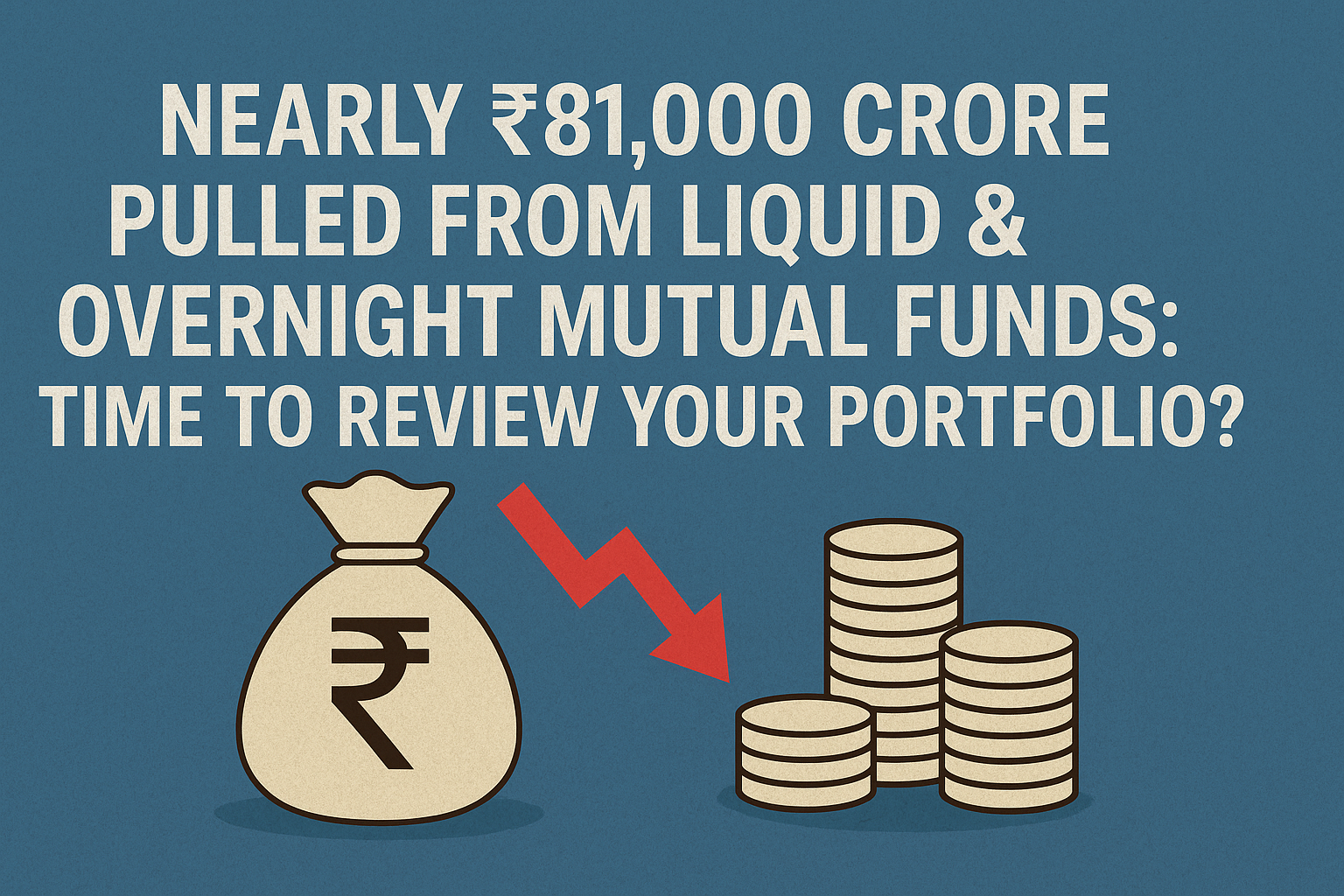 ₹81,000 crore pulled from liquid and overnight mutual funds, illustrated with rupee bag, red arrow, and coins.